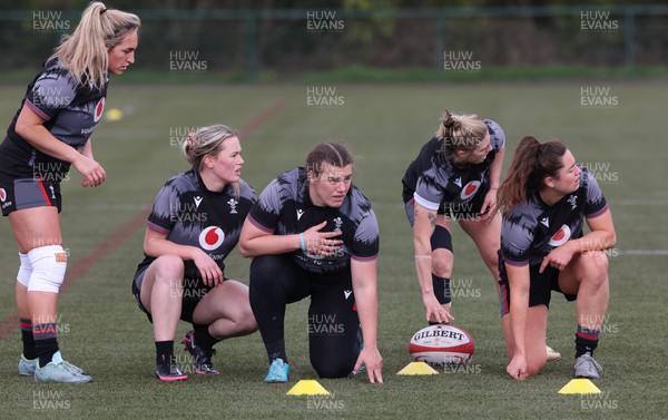 060423 -  Wales Women Rugby Squad Training session - Left to right, Courtney Keight, Megan Webb, Carys Phillips, Keira Bevan and Robyn Wilkins during a training session ahead of their TicTok Women’s 6 Nations match against England