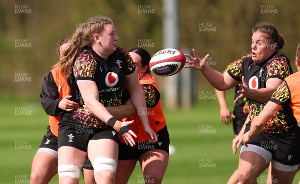 070426 - Wales Women Rugby Squad - Alaw Pyrs and Carys Phillips during training session ahead of the opening Women’s 6 Nations match against Scotland