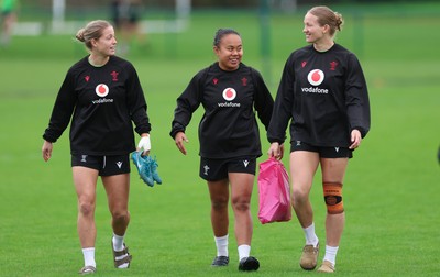 071026 Wales Women Rugby Training - Amy Williams, Jenna De Vera and Carys Cox during a rugby training session ahead of the WXV matches in Japan