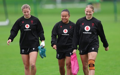 071026 Wales Women Rugby Training - Amy Williams, Jenna De Vera and Carys Cox during a rugby training session ahead of the WXV matches in Japan