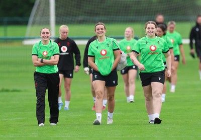 071026 Wales Women Rugby Training - Nel Metcalfe, Branwen Metcalfe and Maisie Davies during a rugby training session ahead of the WXV matches in Japan