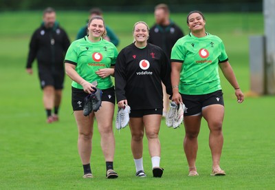 071026 Wales Women Rugby Training - Gwenllian Pyrs, Kelsey Jones and Sisilia Tuipulotu during a rugby training session ahead of the WXV matches in Japan