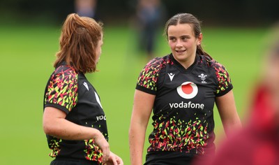 080926 - Wales Women Rugby Training - Branwen Metcalfe with Kate Williams during a rugby session ahead of the WXV Series of matches
