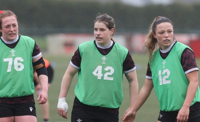 100424 - Wales Women Rugby Training - Left to right, Abbie Fleming, Bethan Lewis and Alisha Butchers during a training session ahead of Wales’ Women’s 6 Nations match against Ireland