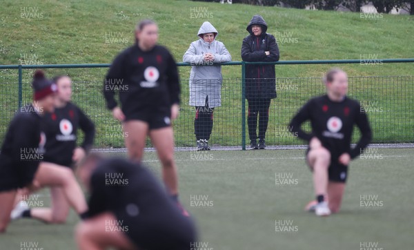 130224 - Wales Women Extended Squad Training session - Siwan Lillicrap and Liza Burgess look on during training session as preparations get under way for the Women’s 6 Nations