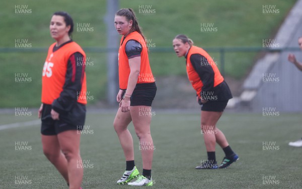 130224 - Wales Women Extended Squad Training session - Shona Wakley, Alaw Pyrs and Kelsey Jones during training session as preparations get under way for the Women’s 6 Nations