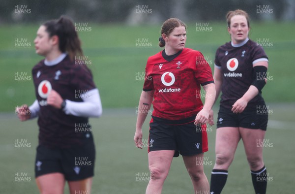 130224 - Wales Women Extended Squad Training session - Robyn Wilkins, Tess Evans and Abbie Fleming during training session as preparations get under way for the Women’s 6 Nations