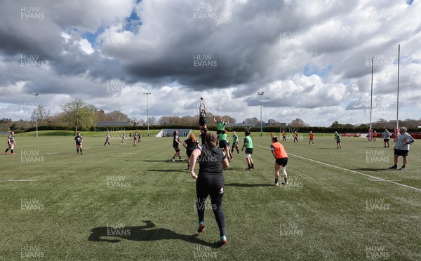130423 - Wales Women Rugby Training - Carys Phillips throws in a line out during training ahead of the TicTok Women’s 6 Nations match against England 