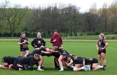 140426 - Wales Women Rugby Training - The forwards scrum down during a rugby training session ahead of the Women’s 6 Nations match against France