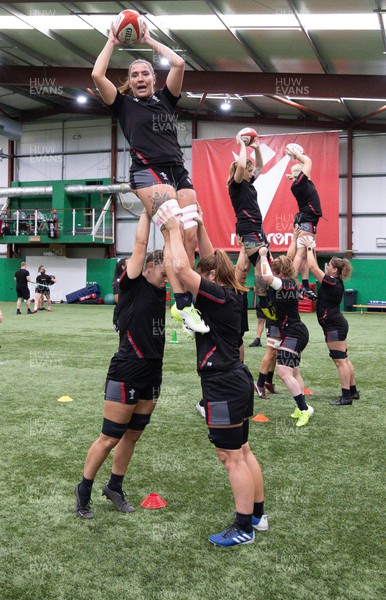 140923 - Wales Women Rugby Training Session - Georgia Evans, Bryonie King and Kate Williams work on line out drills during training session