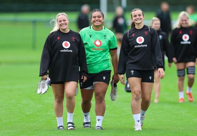 140926 Wales Women Rugby Training Session - Kelsey Jones, Sisilia Tuipulotu and Branwen Metcalfe during a rugby training session ahead of the WXV matches against South Africa and USA