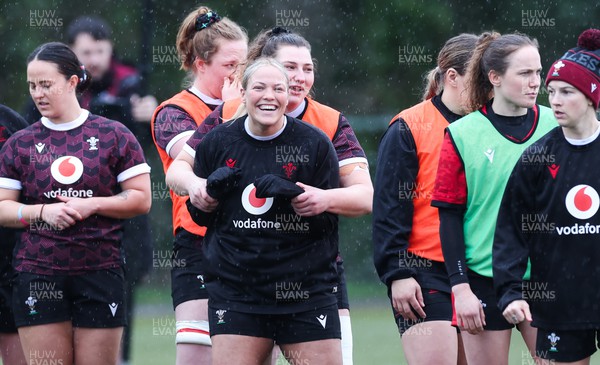 150224 - Wales Women Extended Squad Training session - Kelsey Jones and Gwenllian Pyrs with members of the Wales Women squad during training session as preparations get under way for the Women’s 6 Nations