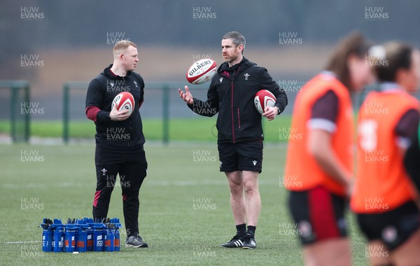 150224 - Wales Women Extended Squad Training session - Jamie Cox and Eifion Roberts, strength and conditioning coaches during training session as preparations get under way for the Women’s 6 Nations