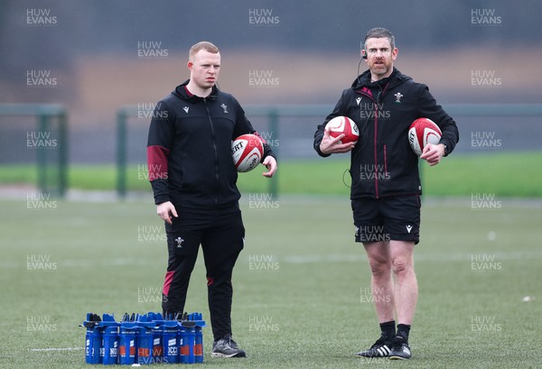 150224 - Wales Women Extended Squad Training session - Jamie Cox and Eifion Roberts, strength and conditioning coaches during training session as preparations get under way for the Women’s 6 Nations