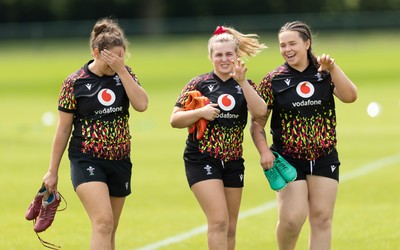 150626 - Wales Women Rugby Training Session - Natalia John, Alex Callender and Maisie Davies during a training session ahead of the match against The Barbarians at the Allianz Stadium