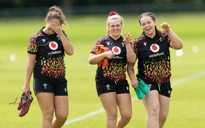 150626 - Wales Women Rugby Training Session - Natalia John, Alex Callender and Maisie Davies during a training session ahead of the match against The Barbarians at the Allianz Stadium