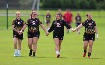 150626 - Wales Women Rugby Training Session - Nikita Prothero, Gwenllian Pyrs, Kendall Waudby and Katherine Baverstock during a training session ahead of the match against The Barbarians at the Allianz Stadium