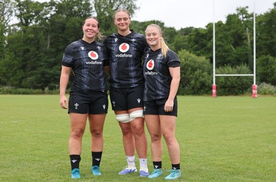 150725 - Wales Women Rugby training - Katherine Baverstock, Tilly Vucaj and Seren Lockwood during a training session ahead of their two match tour against Australia