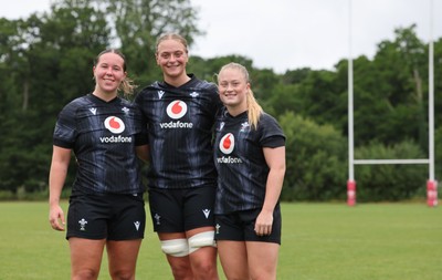 150725 - Wales Women Rugby training - Katherine Baverstock, Tilly Vucaj and Seren Lockwood during a training session ahead of their two match tour against Australia