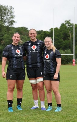 150725 - Wales Women Rugby training - Katherine Baverstock, Tilly Vucaj and Seren Lockwood during a training session ahead of their two match tour against Australia