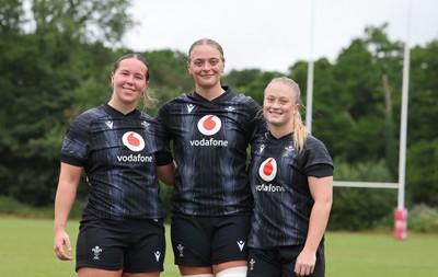 150725 - Wales Women Rugby training - Katherine Baverstock, Tilly Vucaj and Seren Lockwood during a training session ahead of their two match tour against Australia