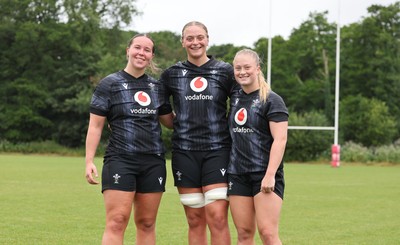 150725 - Wales Women Rugby training - Katherine Baverstock, Tilly Vucaj and Seren Lockwood during a training session ahead of their two match tour against Australia