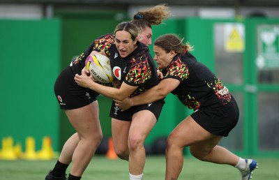 150825 - Wales Women Rugby Training - Courtney Keight with Jenni Scoble and Gwenllian Pyrs during their final training session at their Vale headquarters before heading to Manchester for the start of the Women’s Rugby World Cup