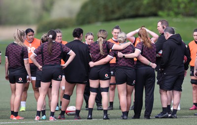 160424 - Wales Women Rugby Training - The Wales team huddle up during a training session ahead of Wales’ Guinness Women’s 6 Nations match against France