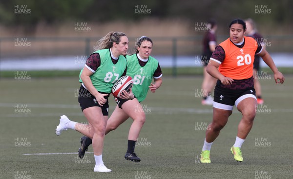 160424 - Wales Women Rugby Training - Courtney Keight, Kayleigh Powell and Sisilia Tuipulotu during a training session ahead of Wales’ Guinness Women’s 6 Nations match against France