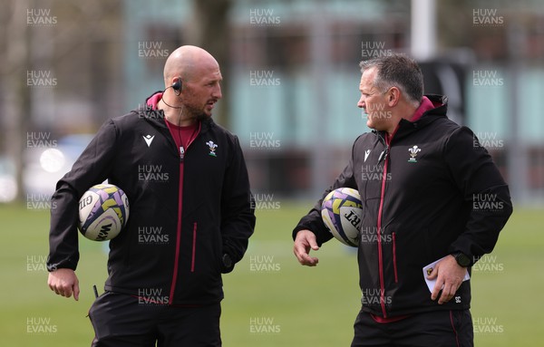 161023 - Wales Women Rugby Training Session - Mike Hill, left and Shaun Connor during a training session at NZCIS ahead of their first WXV1 match against Canada in Wellington 