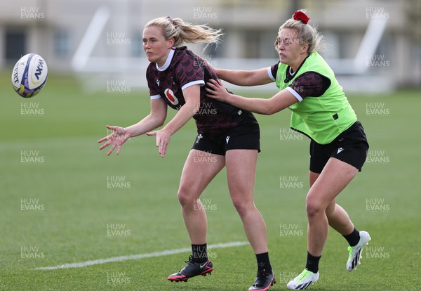 161023 - Wales Women Rugby Training Session - Meg Webb is challenged by Hannah Jones during a training session at NZCIS ahead of their first WXV1 match against Canada in Wellington 