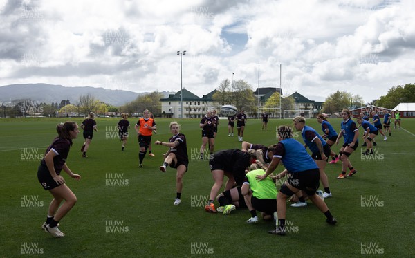 161023 - Wales Women Rugby Training Session - Keira Bevan kicks ahead during a training session at NZCIS ahead of their first WXV1 match against Canada in Wellington 