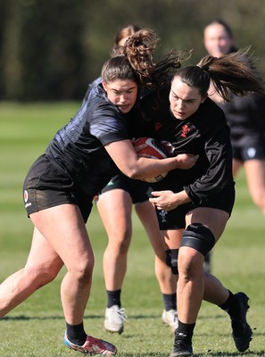 180325 Wales Women Rugby Training - Gwennan Hopkins and Bryonie King during a Wales training session ahead of the opening Women’s Six Nations match against Scotland