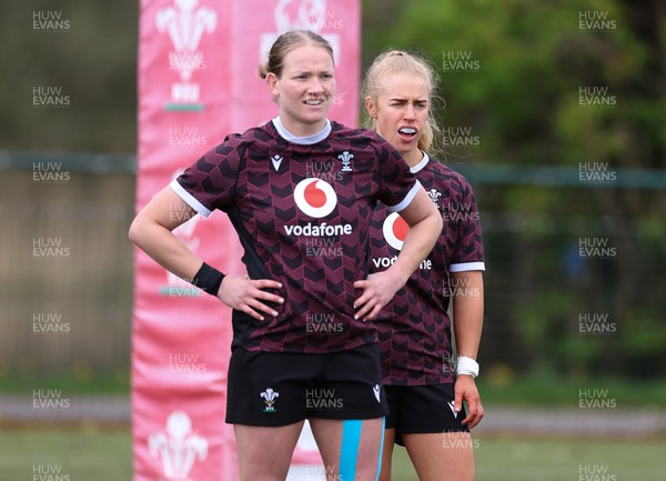 190424 - Wales Women Rugby training session - Carys Cox, left and Catherine Richards during a training session ahead of Wales’ Guinness 6 Nations match against France