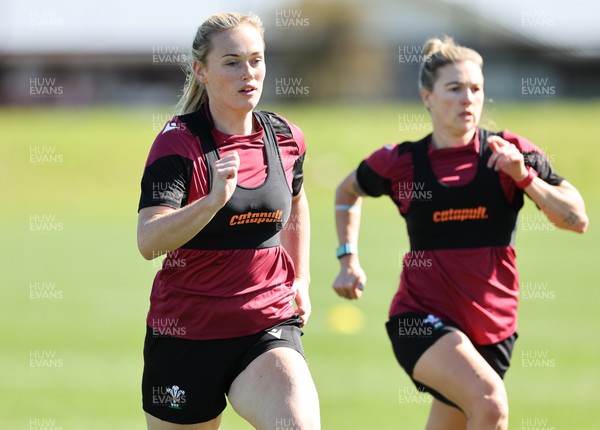 191023 - Wales Women Rugby Training Session - Meg Webb and Keira Bevan during a training session ahead of Wales’ opening match of WXV1 against Canada