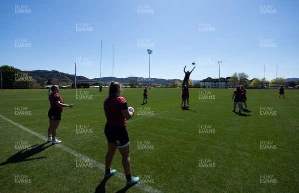 191023 - Wales Women Rugby Training Session - Kelsey Jones and Carys Phillips throw in for the line out during a training session ahead of Wales’ opening match of WXV1 against Canada