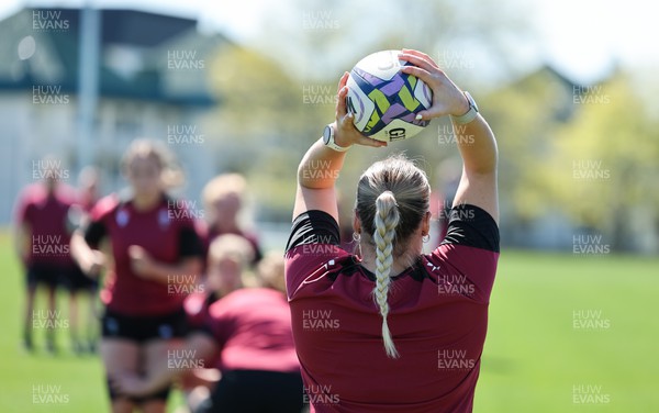 191023 - Wales Women Rugby Training Session - Kelsey Jones prepares to throw the ball in during a training session ahead of Wales’ opening match of WXV1 against Canada