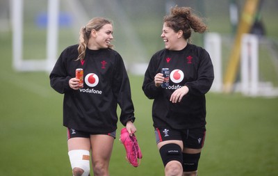 210323 - Wales Women Rugby Training Session - Amelia Tutt and Natalia John during a training session ahead of Wales’ opening Women’s 6 Nations match against Ireland