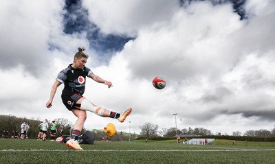 210323 - Wales Women Rugby Training Session -Keira Bevan kicks during a training session ahead of Wales’ opening Women’s 6 Nations match against Ireland