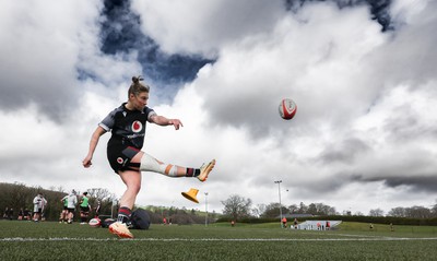 210323 - Wales Women Rugby Training Session -Keira Bevan kicks during a training session ahead of Wales’ opening Women’s 6 Nations match against Ireland