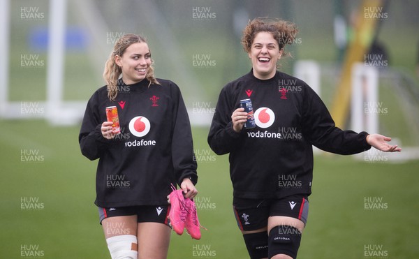 210323 - Wales Women Rugby Training Session - Amelia Tutt and Natalia John during a training session ahead of Wales’ opening Women’s 6 Nations match against Ireland
