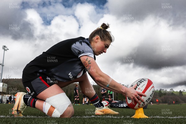 210323 - Wales Women Rugby Training Session -Keira Bevan kicks during a training session ahead of Wales’ opening Women’s 6 Nations match against Ireland