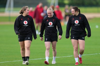 210426 - Wales Women’s Rugby Training - Katherine Baverstock, Nikita Prothero and Kendall Waudby during a rugby training session ahead of the Women’s 6 Nation’s match against England