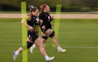 210426 - Wales Women’s Rugby Training - Jenni Scoble, Georgia Evans and Natalia John during a rugby training session ahead of the Women’s 6 Nation’s match against England