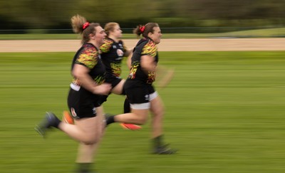 210426 - Wales Women’s Rugby Training - Gwenllian Pyrs, Carys Phillips and Bethan Lewis during a rugby training session ahead of the Women’s 6 Nation’s match against England