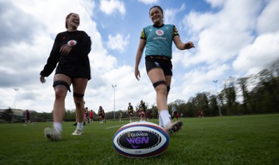 210426 - Wales Women’s Rugby Training - Georgia Evans and Jorja Aiono during a training session ahead of the Women’s 6 Nation’s match against England