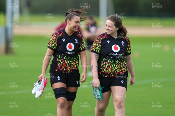 210426 - Wales Women’s Rugby Training - Bryonie King and Maisie Davies during a rugby training session ahead of the Women’s 6 Nation’s match against England