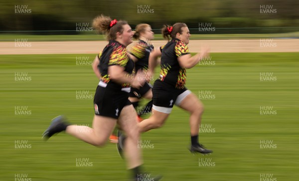 210426 - Wales Women’s Rugby Training - Gwenllian Pyrs, Carys Phillips and Bethan Lewis during a rugby training session ahead of the Women’s 6 Nation’s match against England