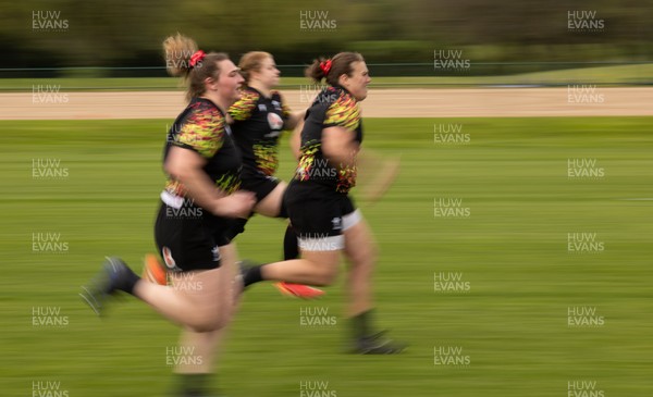210426 - Wales Women’s Rugby Training - Gwenllian Pyrs, Carys Phillips and Bethan Lewis during a rugby training session ahead of the Women’s 6 Nation’s match against England