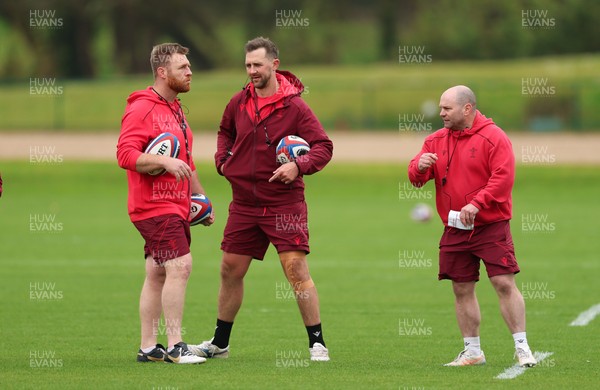 210426 - Wales Women’s Rugby Training - Left to right, Tyrone Holmes, Wales Women defence coach, Ashley Beck, Wales Women interim attack coach and Sean Lynn, Wales Women head coach during a training session ahead of the Women’s 6 Nation’s match against England